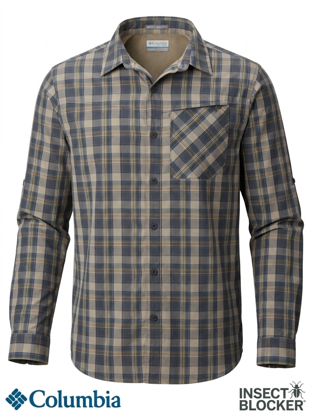 Columbia Insect Blocker Hiking Fishing Shirt Mens Large L Plaid Roll Tab Sleeve